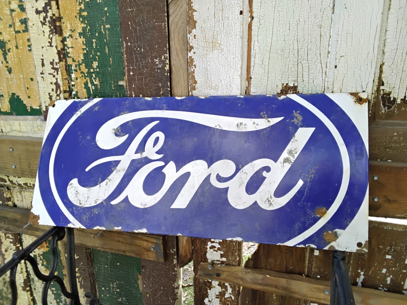 Porcelain Ford Sign approx 24″x10″ Inches Over Steel Service Station White Blue