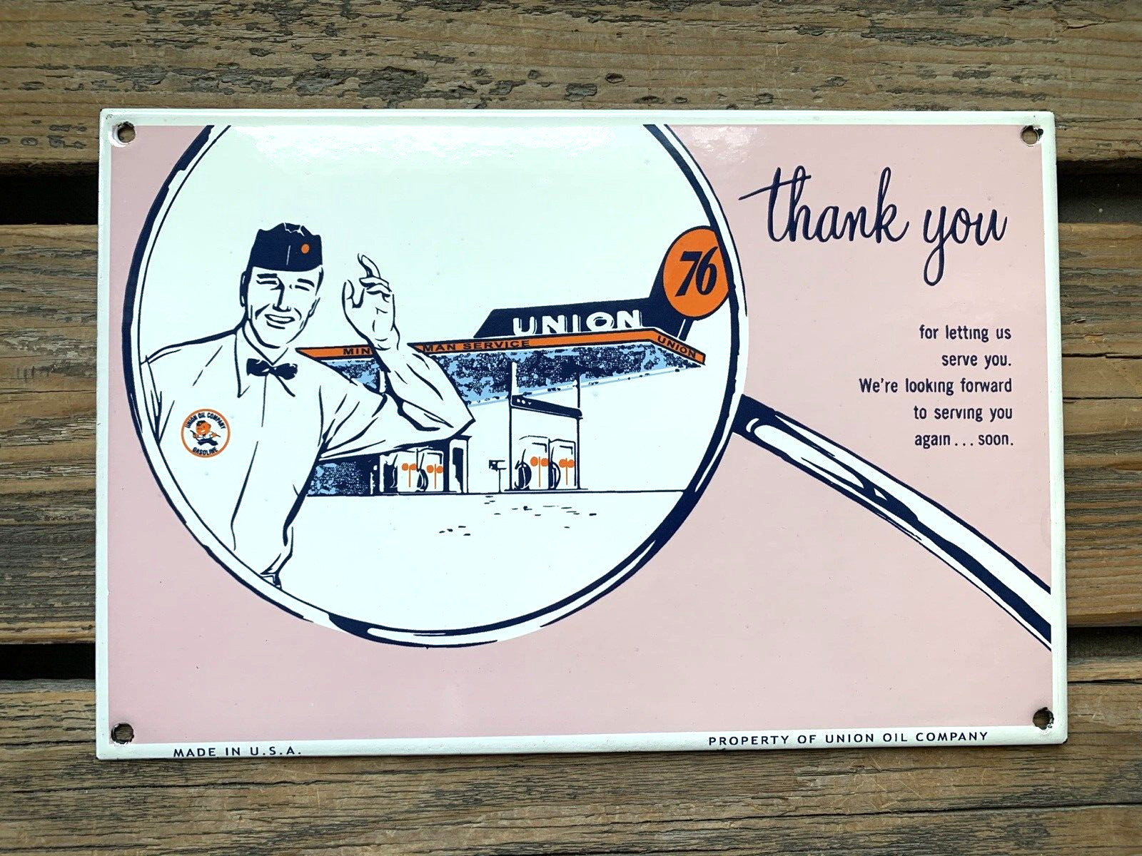 VINTAGE UNION OIL CO. Thank You PORCELAIN GAS SERVICE GAS OIL PUMP STATION SIGN