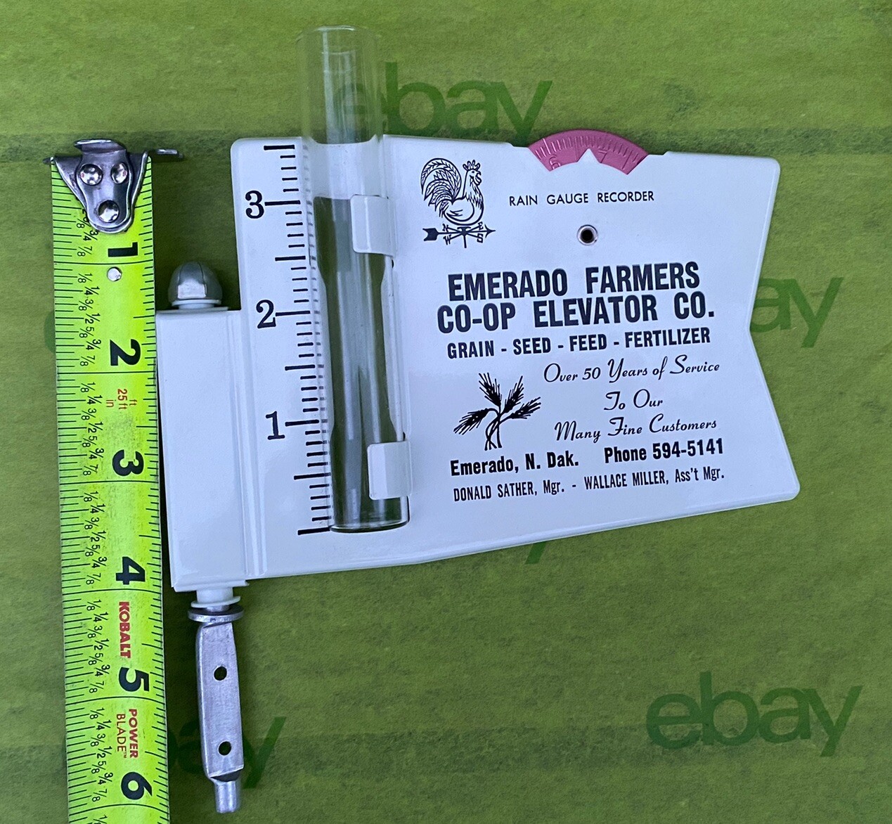 Vintage Farmers Co-Op Elevator Co Rain Gauge Recorder Emerado N. Dak Advertising