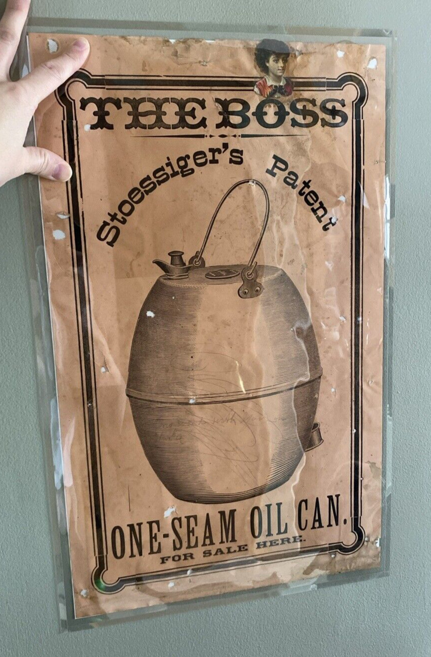 1800’s Antique The Boss Stoessiger’s Patent One Seam Oil Can Advertising Poster