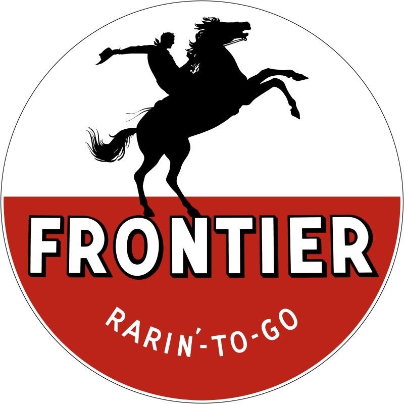 Frontier Gas – Rarin’ to Go! NEW Sign: 28″ Dia. Round USA Steel – 2 SIDED!
