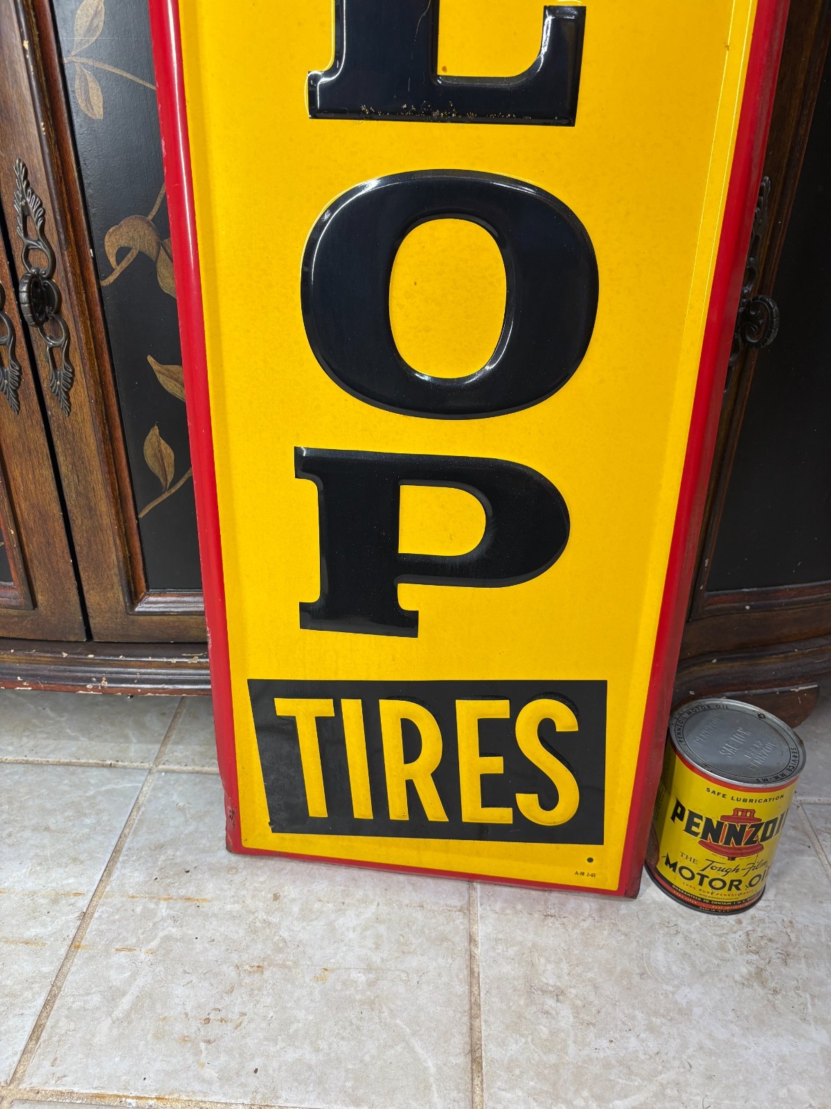 ORIGINAL 1965 “DUNLOP TIRES” LARGE EMBOSSED METAL DEALER SIGN, (60″x 14″) NICE