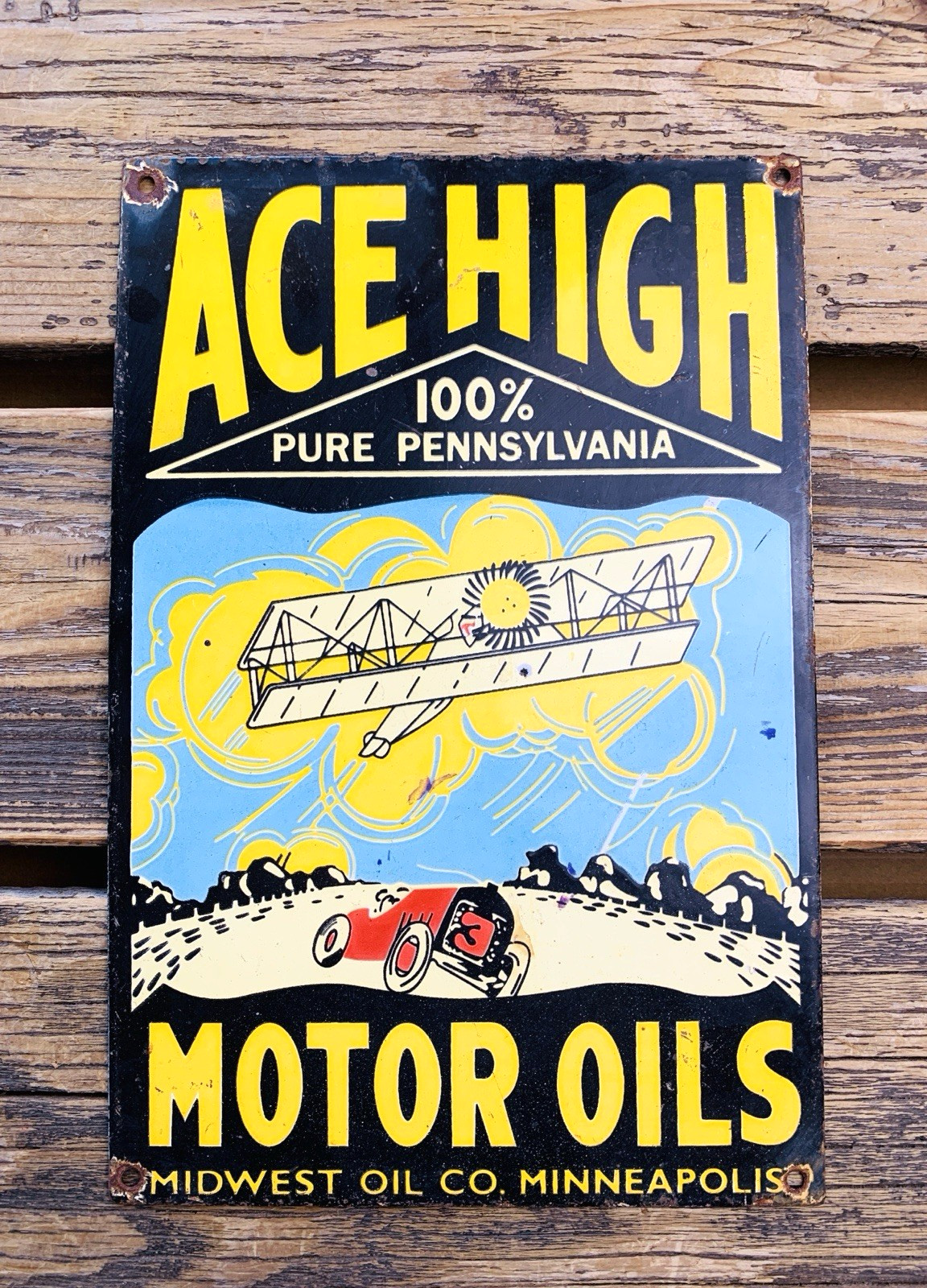 VINTAGE 12×8″ACE HIGH MOTOR OILS GASOLINE GAS PUMP STATION PORCELAIN SIGN