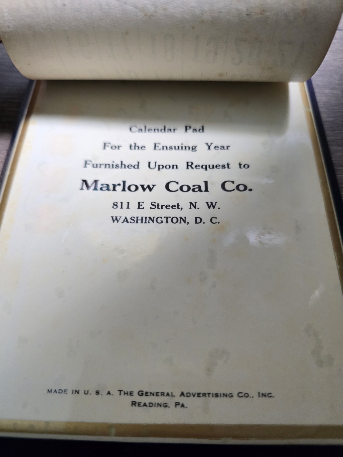 1939 Marlow Coal. Co. Washington D.C. Blue Celluloid Calendar Sign White Oak