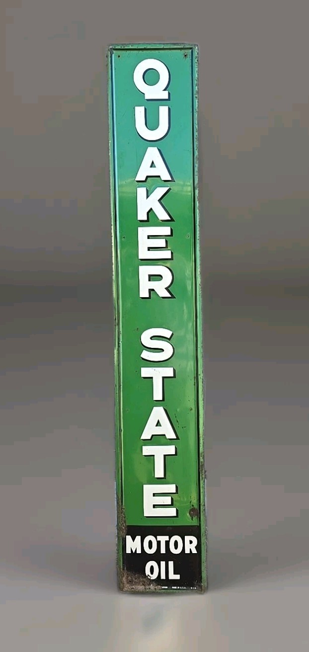 Vintage Original 6′ Quaker State Motor Oil Embossed Vertical Advertising Sign
