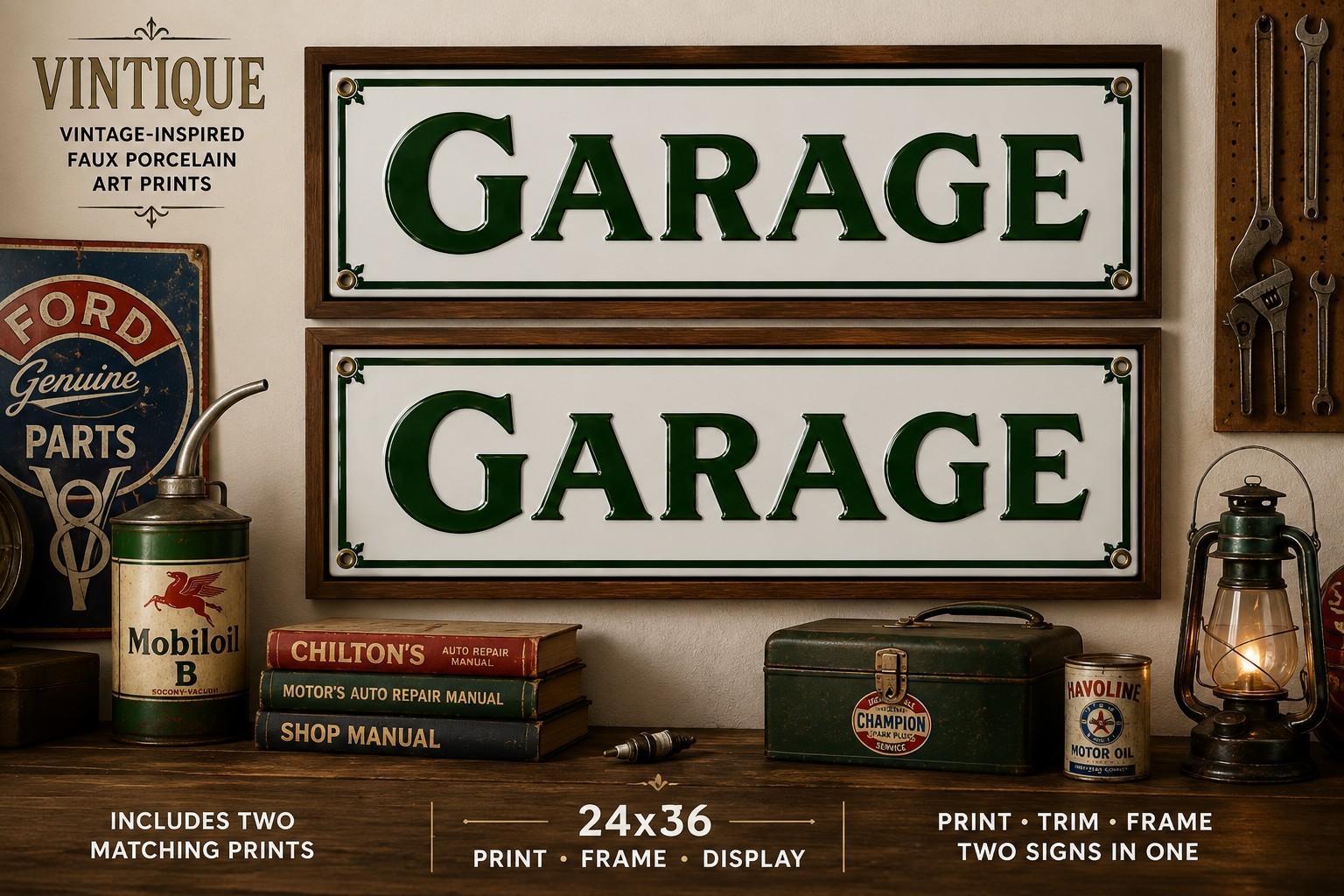 2 Garage Faux Porcelain Art Prints 24×36 Sheet Vintage Garage Signs Cut & Frame