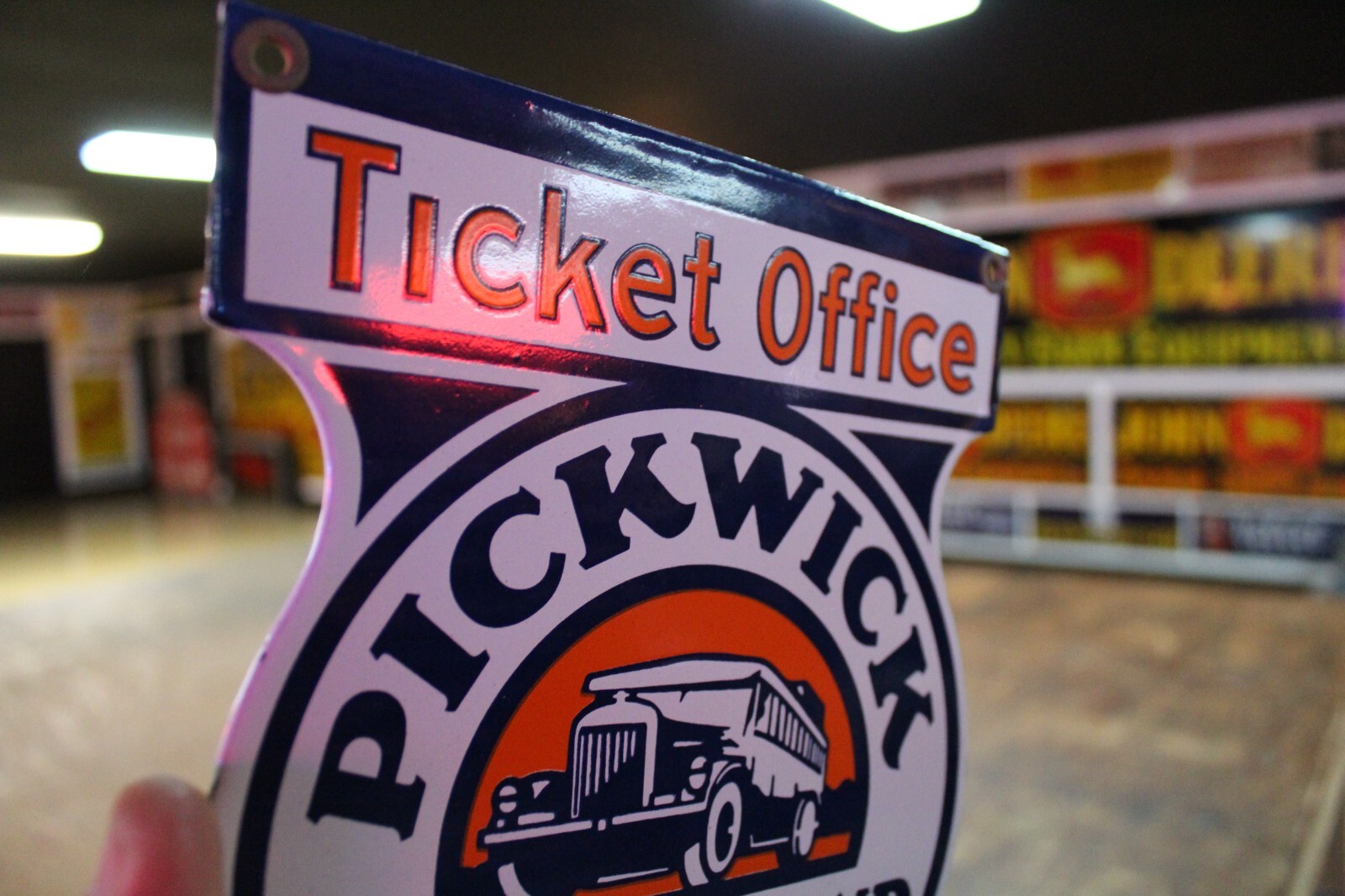 GREYHOUND LINES PICKWICK TICKET OFFICE PORCELAIN METAL SIGN GAS SODA FORD BUS