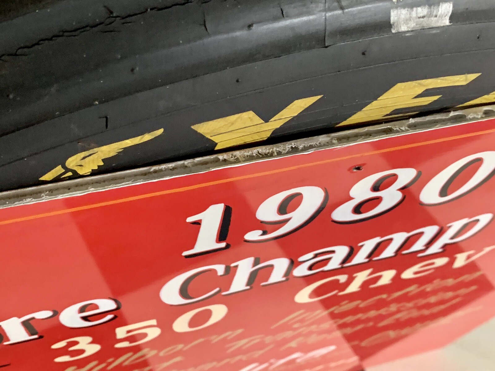 Vintage Chevrolet Sign Advertising 1980 Shore Champ Car 350 Racing Gas Oil Race