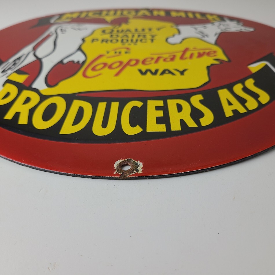 Vintage Michigan Milk Sign – Dairy Cow Porcelain Diner Gas Pump Sign