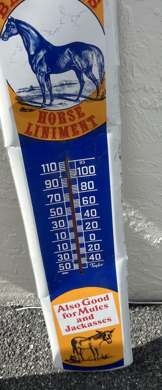 DR. BARKER’S Horse Liniment Metal Sign HORSE & DONKEY Thermometer 38”