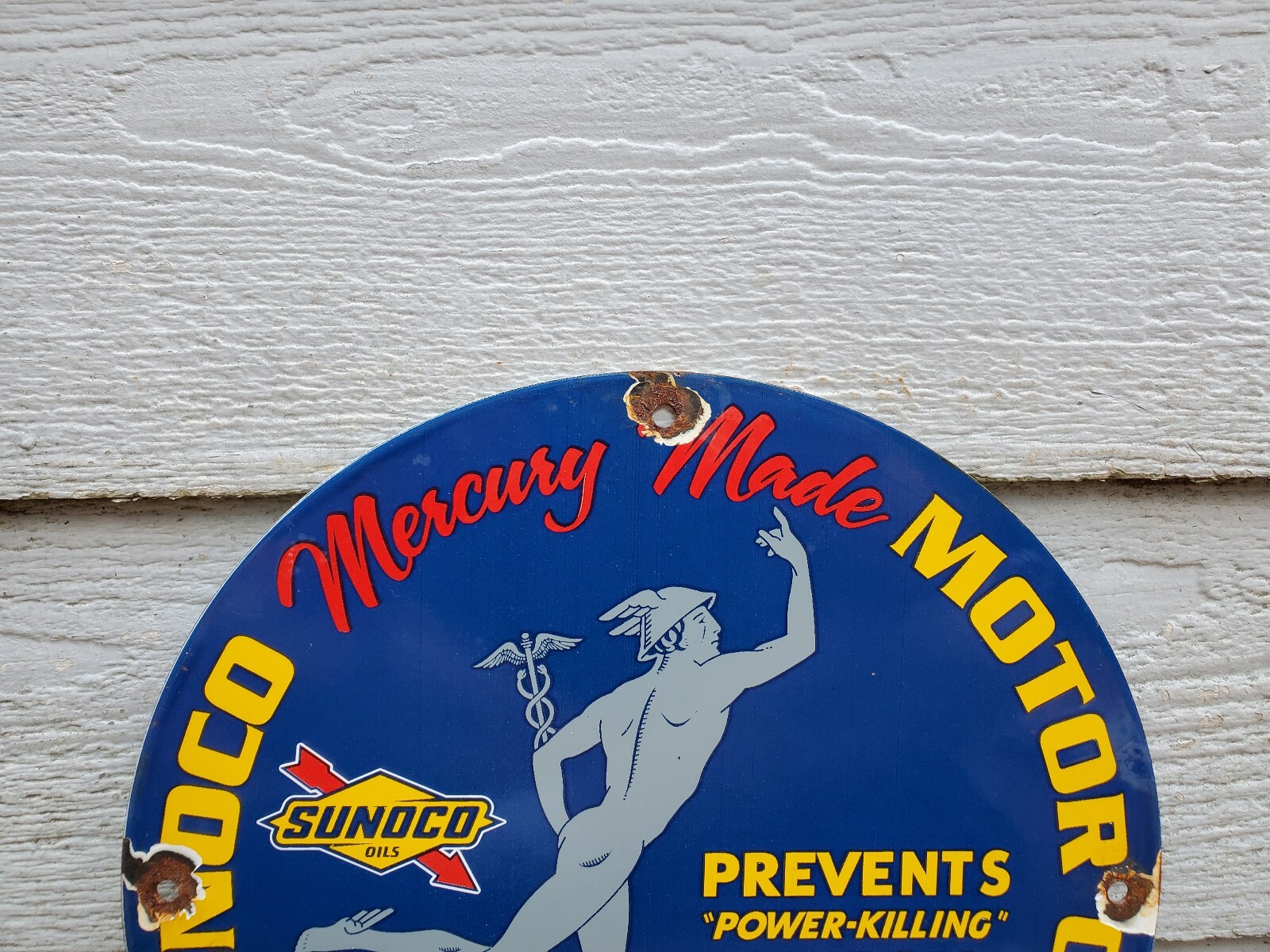 OLD SUNOCO MERCURY MADE MOTOR OIL PORCELAIN ENAMEL GAS PUMP STATION SIGN