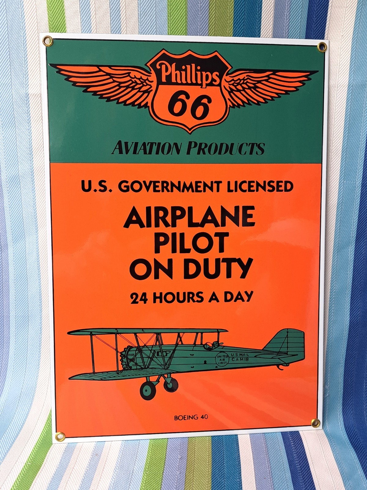 Ande Rooney HEAVY Porcelain Sign Phillips 66 Aviation BOEING 40 Airplane BIN32