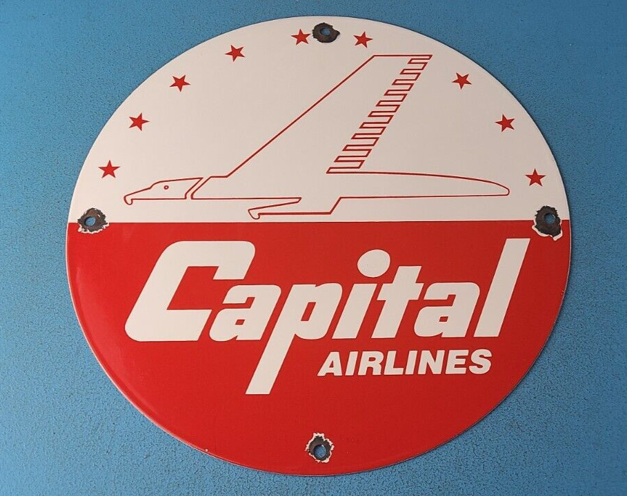 Vintage Capital Airlines Sign – United Aviation DC-3 Gas Pump Porcelain Sign