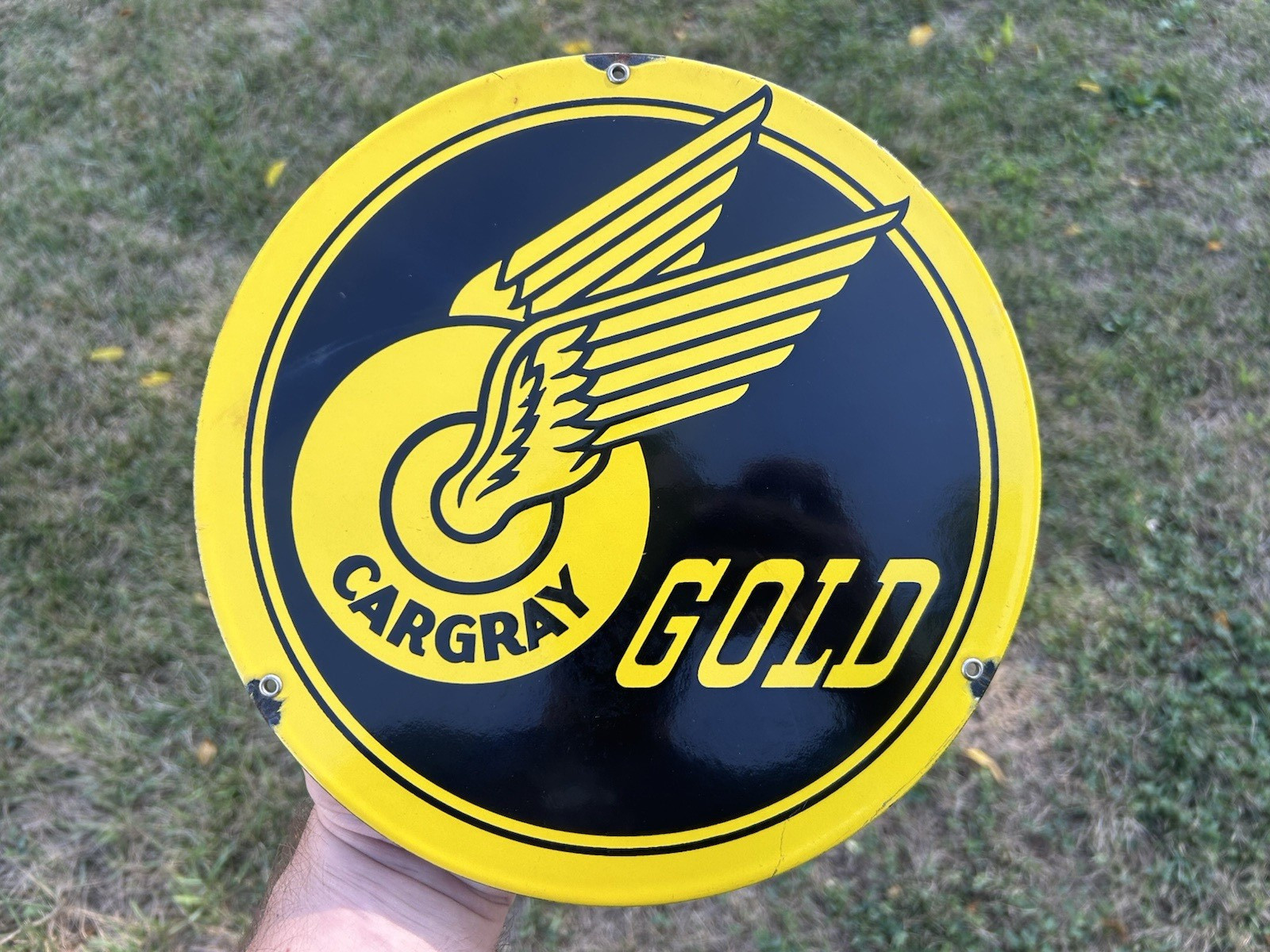 Original Cargray Gold Porcelain Pump Plate Sign