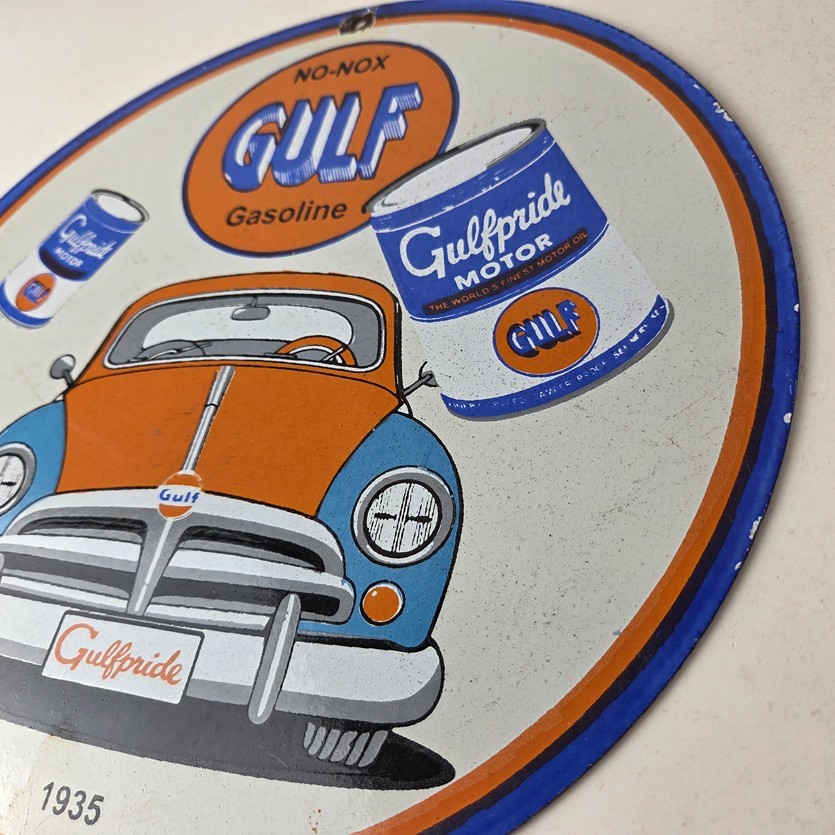 Vintage Volkswagen Bug Gulf Gasoline Sign – Gas Pump Station Porcelain Sign