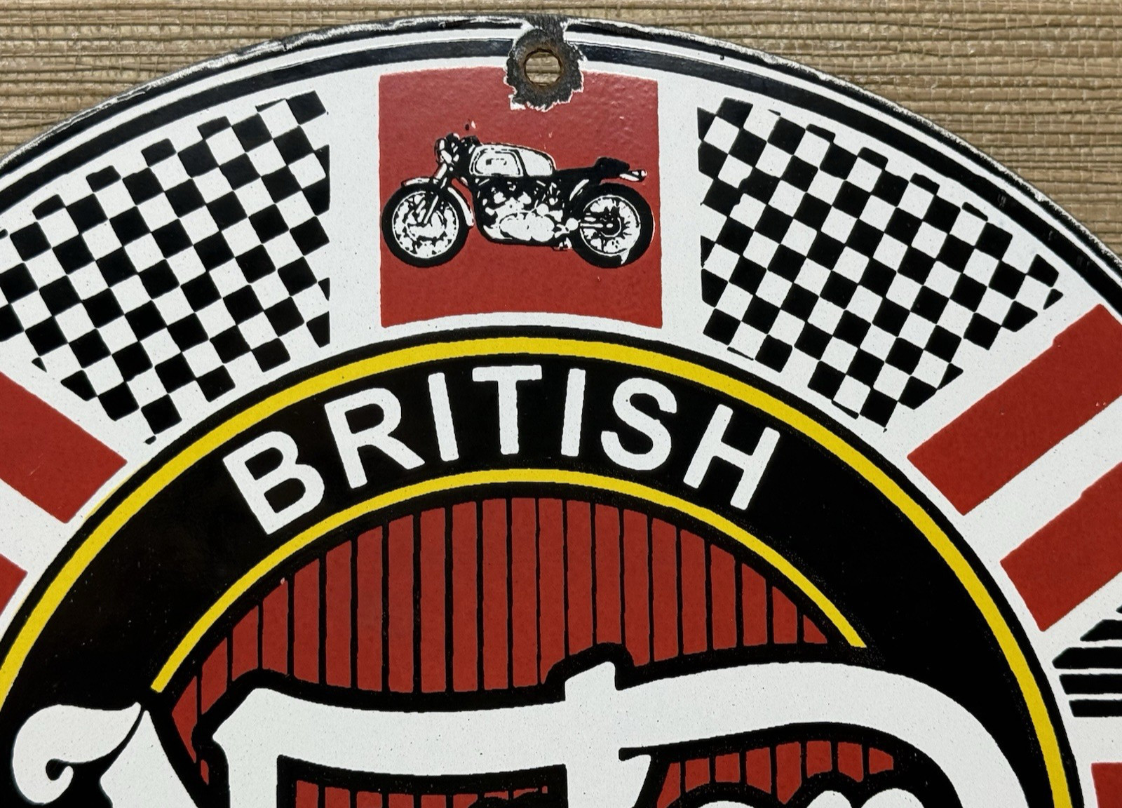 VINTAGE NORTON MOTORCYCLES PORCELAIN SIGN GENERAL MOTORS DEALERSHIP GAS OIL