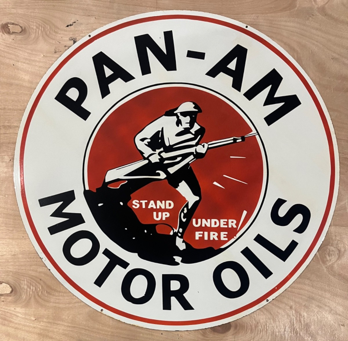 Vintage DSP Pan-AM Motor Oils & Gas Porcelain Enamel Sign 42×42″.