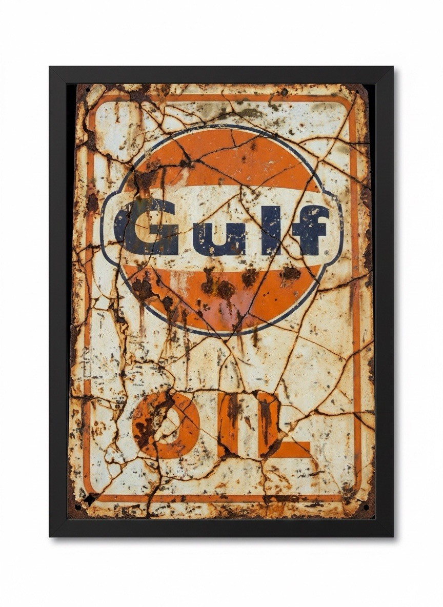 Gulf Vintage Gas & Oil Advertising Sign Orange White Black Collectible