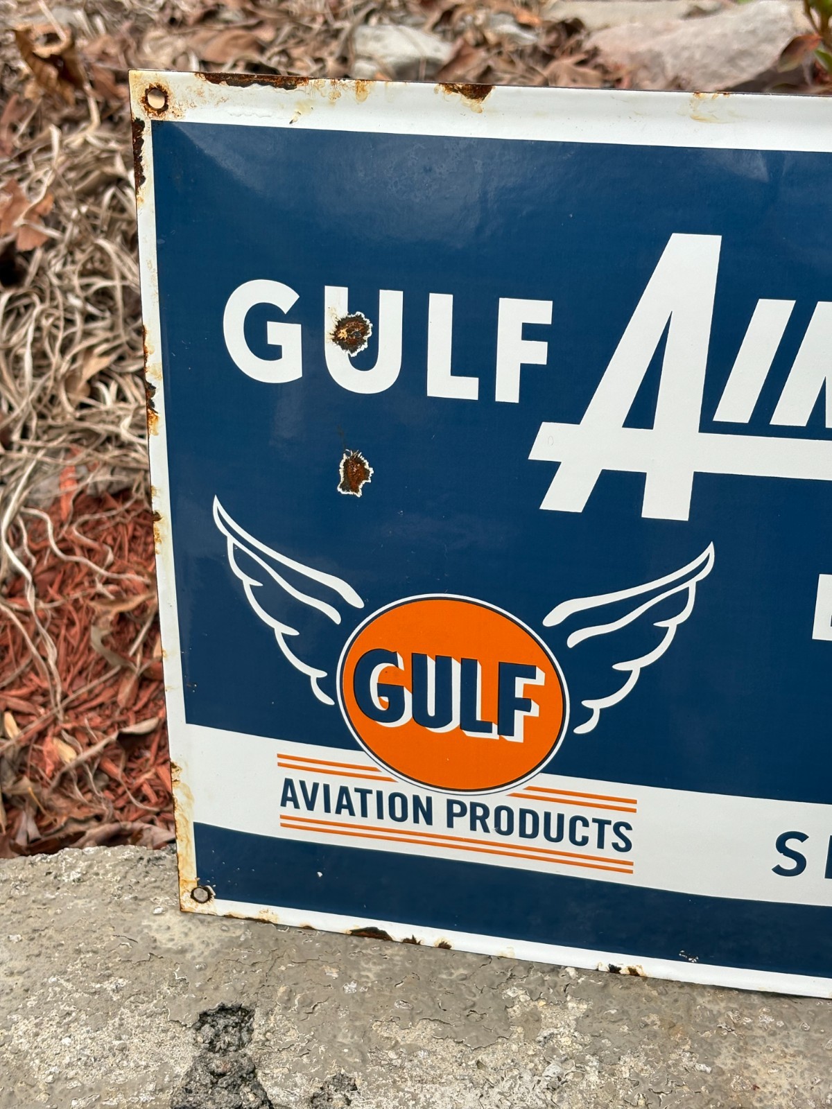 “GULF AIRCRAFT ENGINE OIL” PORCELAIN SIGN, (16″x 13″) GOOD COND, GREAT SIGN