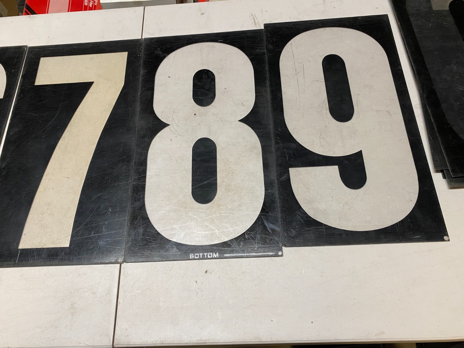Vtg set #3 gas station black background clear acrylic numbers 16”-17” tall 0-9