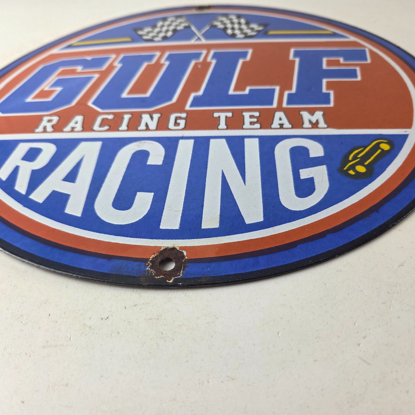 Vintage Gulf Gasoline Sign – Racing Automobile Porcelain Gas Pump Sign