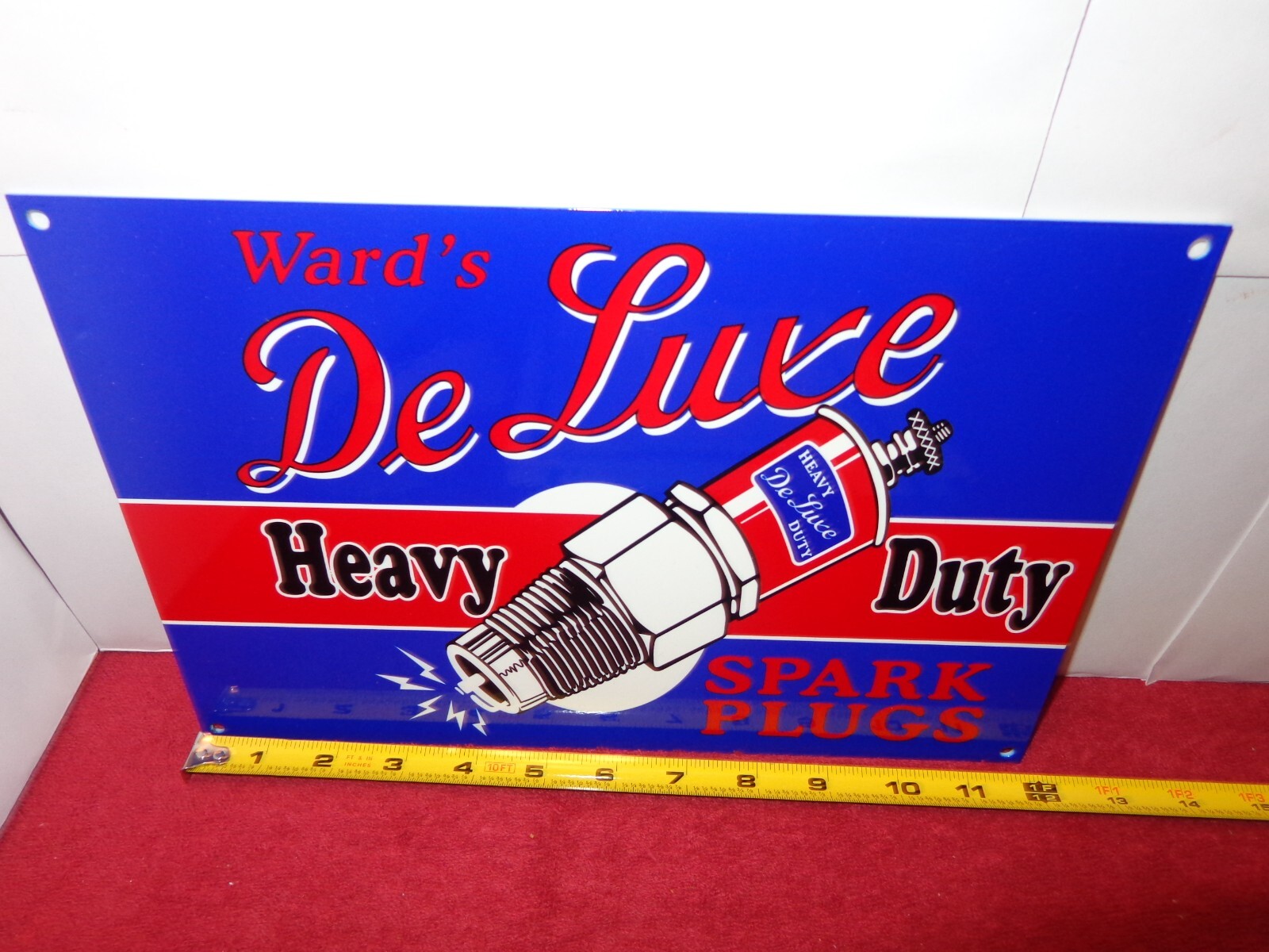 12 x 8 in WARD`S DELUXE SPARK PLUGS ADVERTISING SIGN HEAVY DIE CUT METAL # S 92