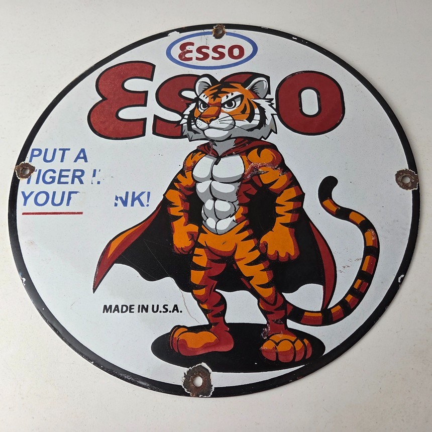 Vintage Esso Gasoline Sign – Gas Exxon Pump Service Automobilia Porcelain Sign