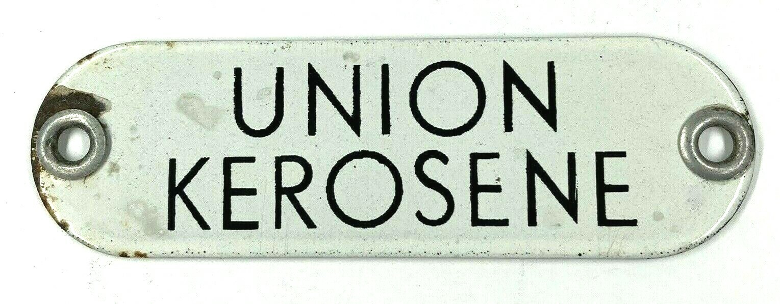 Vintage Union Kerosene Porcelain Gas Fuel Oil Tag Sign Badge – White & Black
