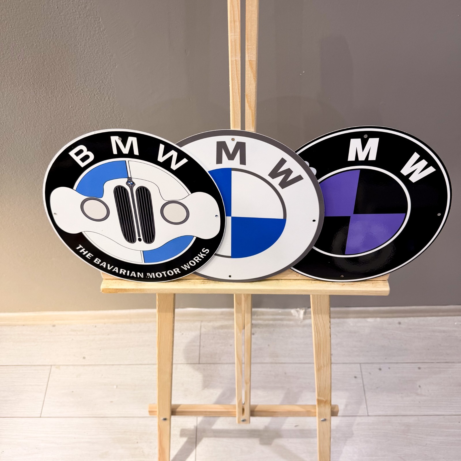 BMW Logo Set (3 PCS) Metal Signs – Classic, Grille & Black Purple – 30 cm (11.8”