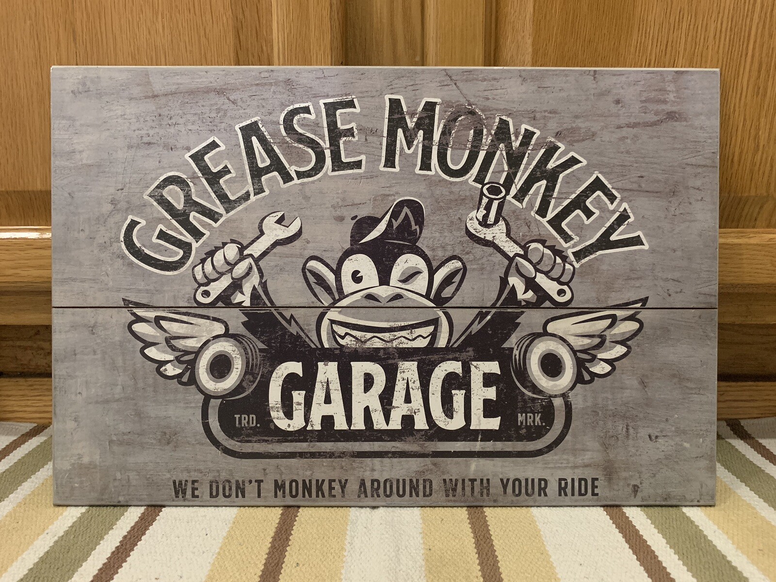 Grease Monkey Garage Wooden Sign Oil Gas Parts Tools Vintage Style Wall Decor
