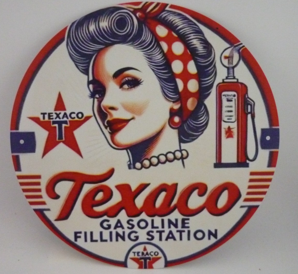 Texaco Gasoline Filling Station Lady Tin Sign 8 Inch Round Retro Garage Decor