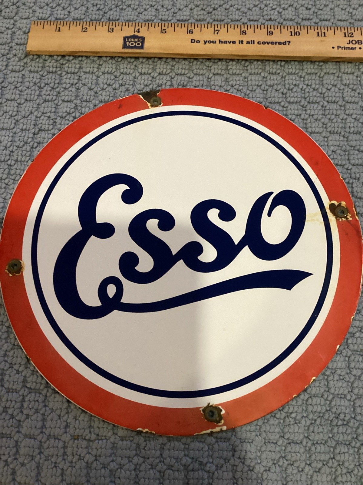 Esso Heavy Metal Gasoline Sign 12” Inch Garage W/ Rust And Grommets Entact A1