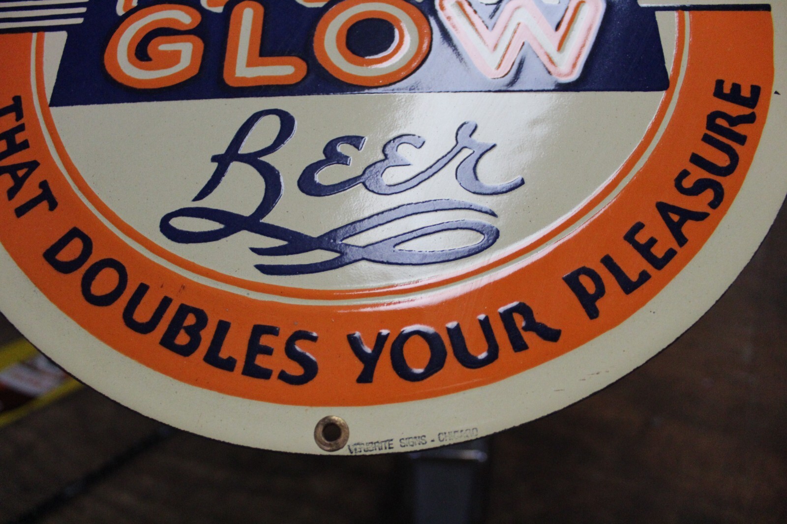 RARE BLUMER’S GOLDEN GLOW MONROE WISCONSIN BEER DEALER PORCELAIN METAL SIGN