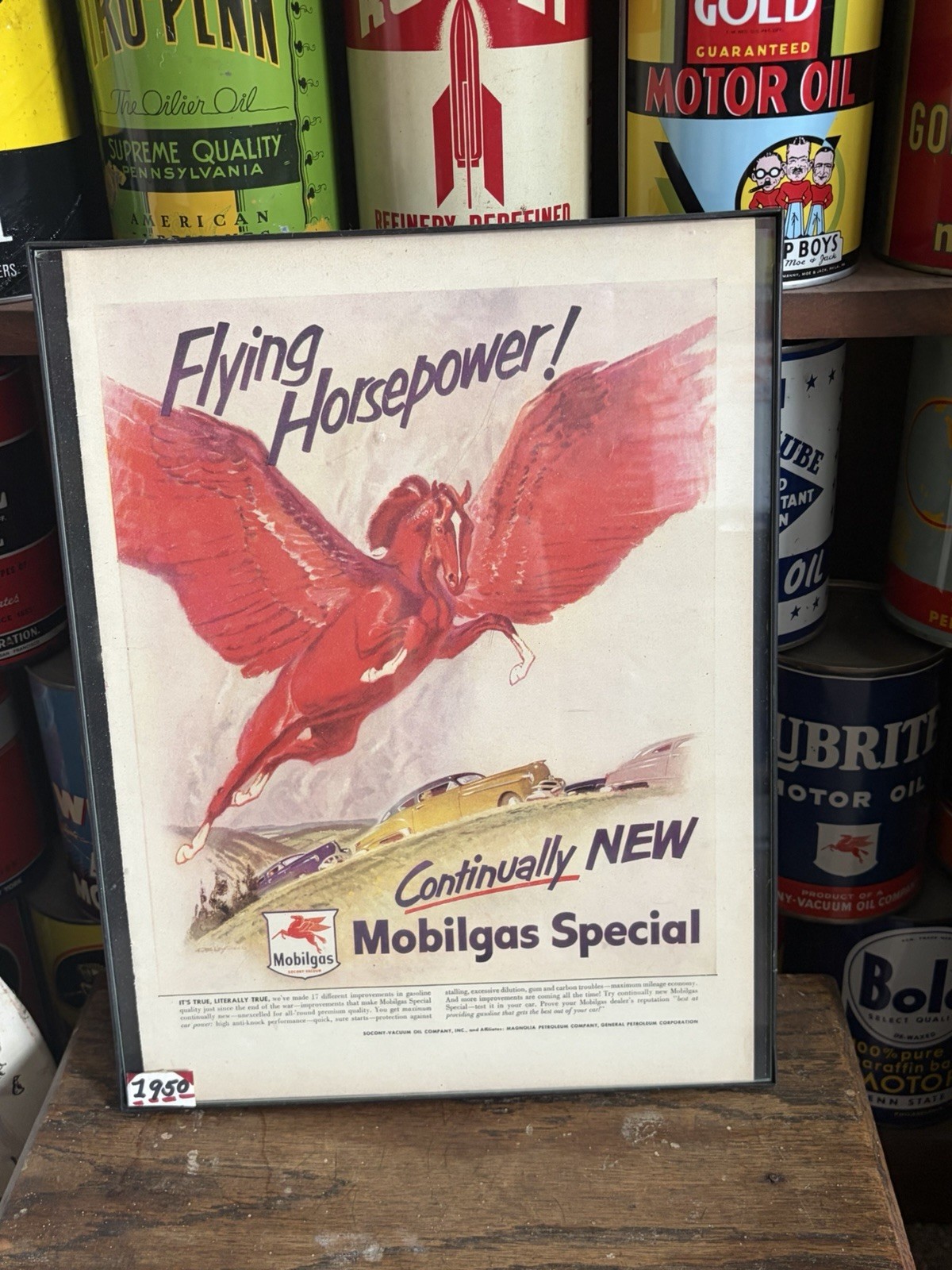 1950 Mobil Gas Framed Pegasus Orignal Sign Antique Old Mobilgas Motor Oil Shield