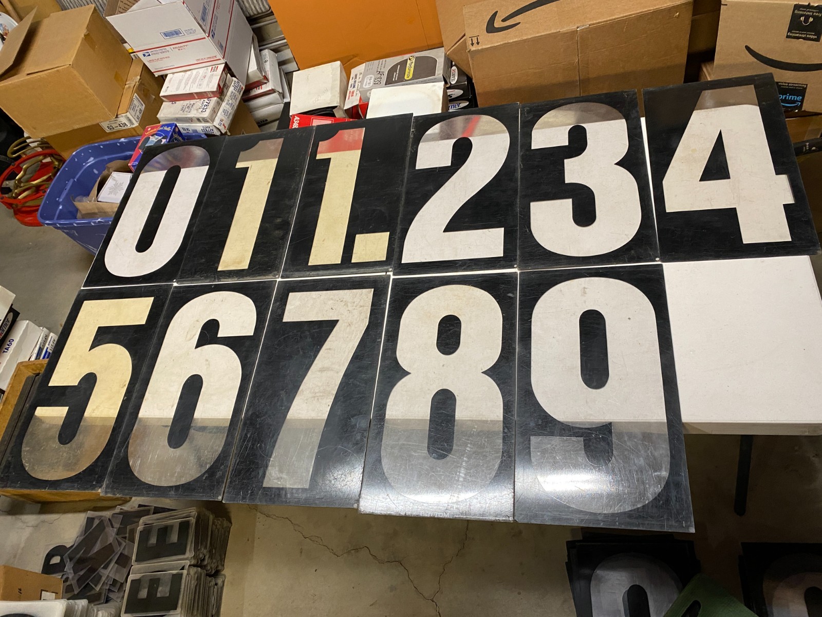 Vtg set #4 gas station black background clear acrylic numbers 16”-17” tall 0-9