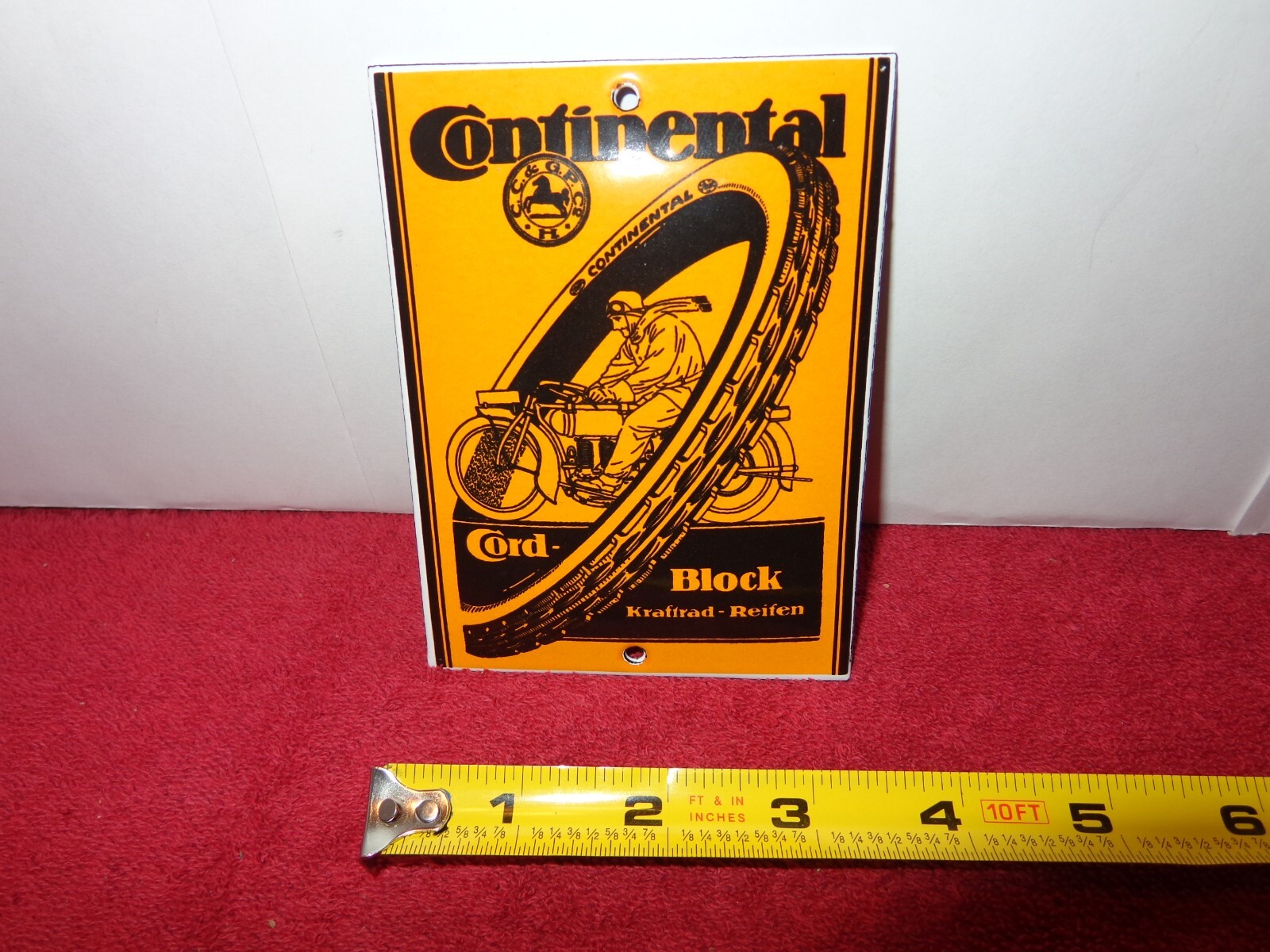 3 1/2 x 4 5/8 CONTINENTAL TIRES ADV. SIGN DOMED DIE CUT METAL PORCELAIN # Z 175