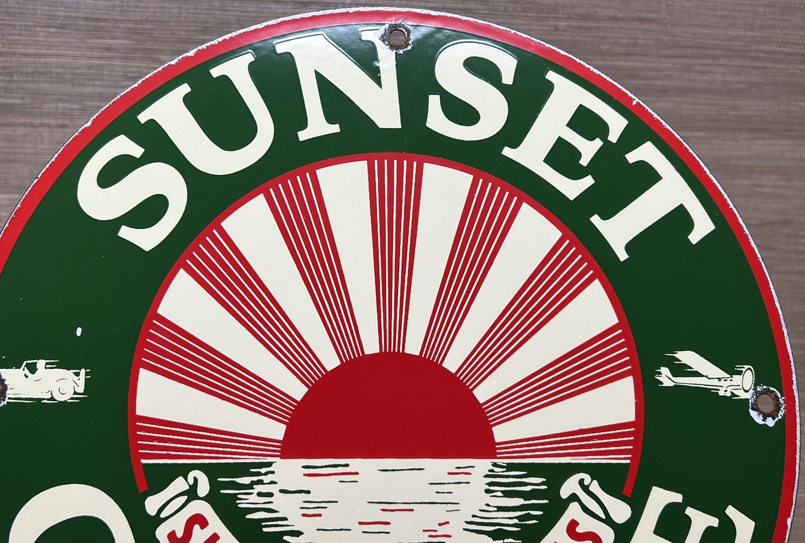 VINTAGE SUNSET GASOLINE PORCELAIN SIGN SERVICE GAS STATION SUNRISE MOTOR OIL