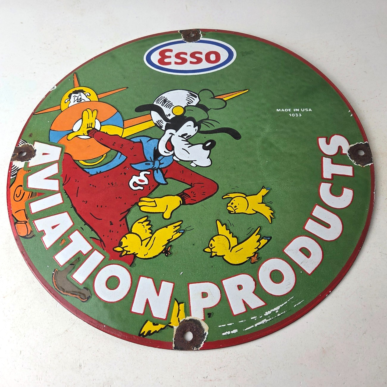 Vintage Esso Gasoline Sign – Goofy Aviation Service Station Porcelain Gas Sign