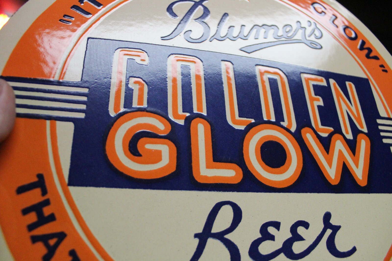 RARE BLUMER’S GOLDEN GLOW MONROE WISCONSIN BEER DEALER PORCELAIN METAL SIGN