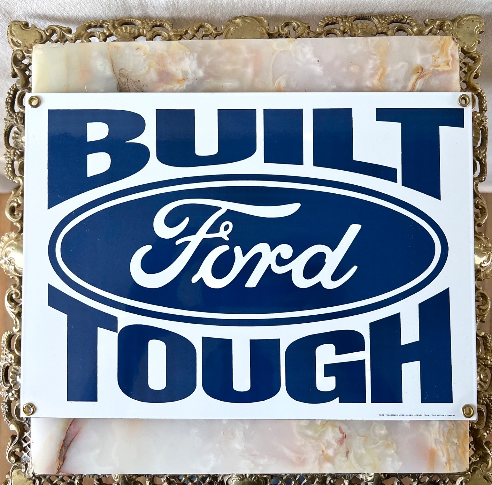 Vintage Ford Built Ford Tough Porcelain Enamel On Steel Sign 12.25″ x 8.75″