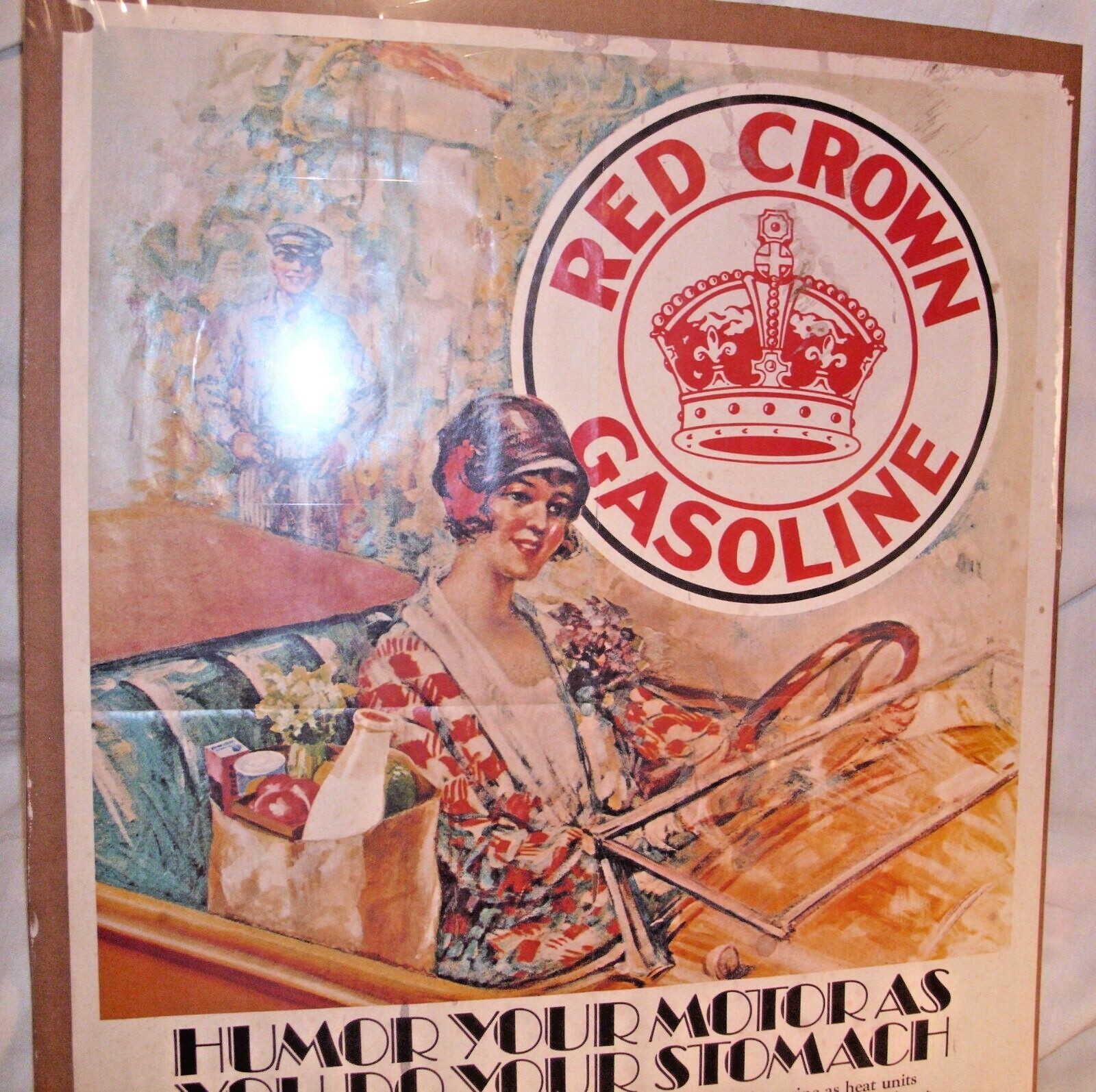 RED CROWN GASOLINE HUMOR YOUR MOTOR COLOR POSTER 1930s REISSUE 17″x22″