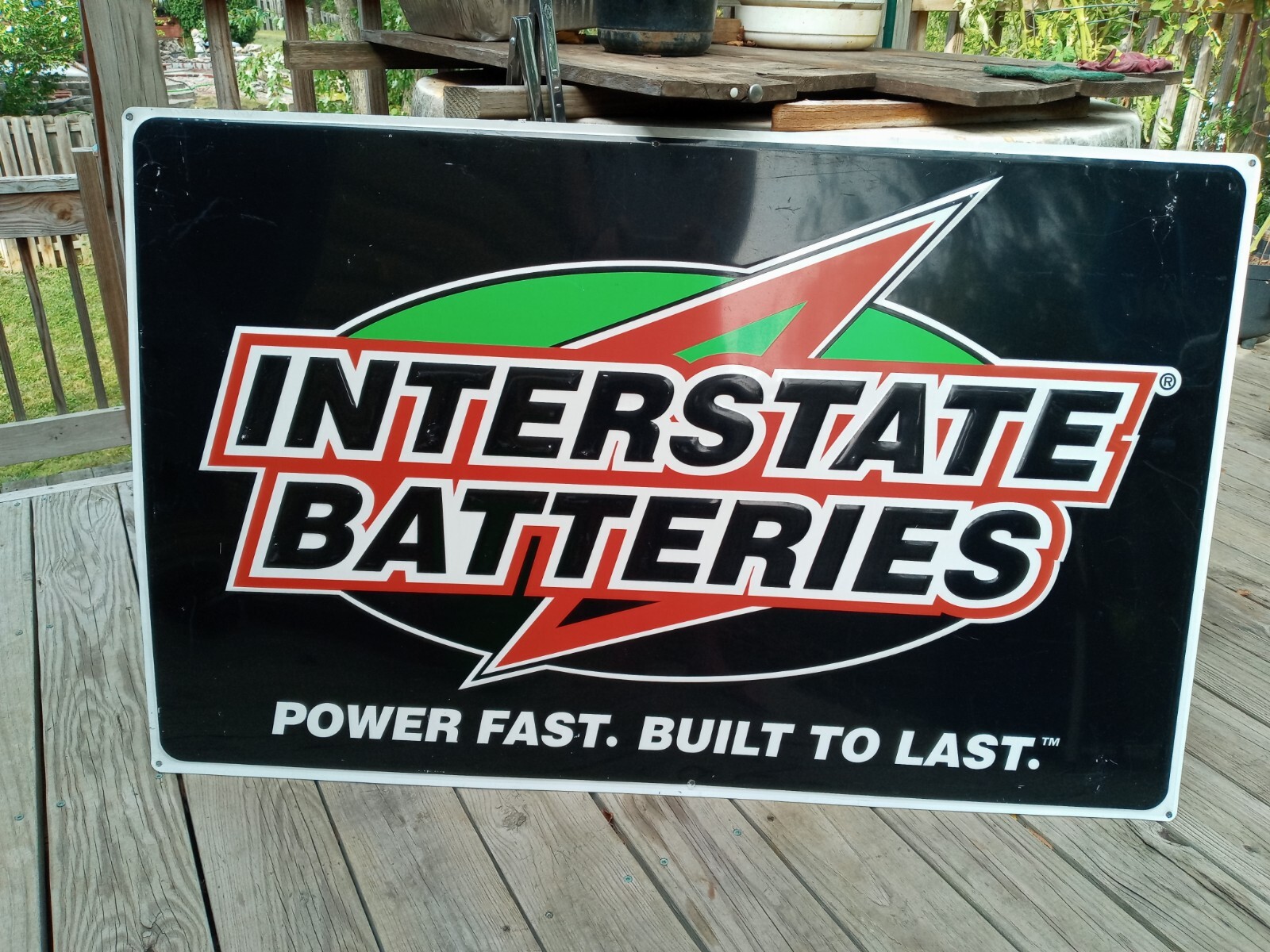SWEET VINTAGE EMBOSSED ALUMINUM INTERSTATE CAR BATTERIES SIGN GAS/OIL 48″ X 30″