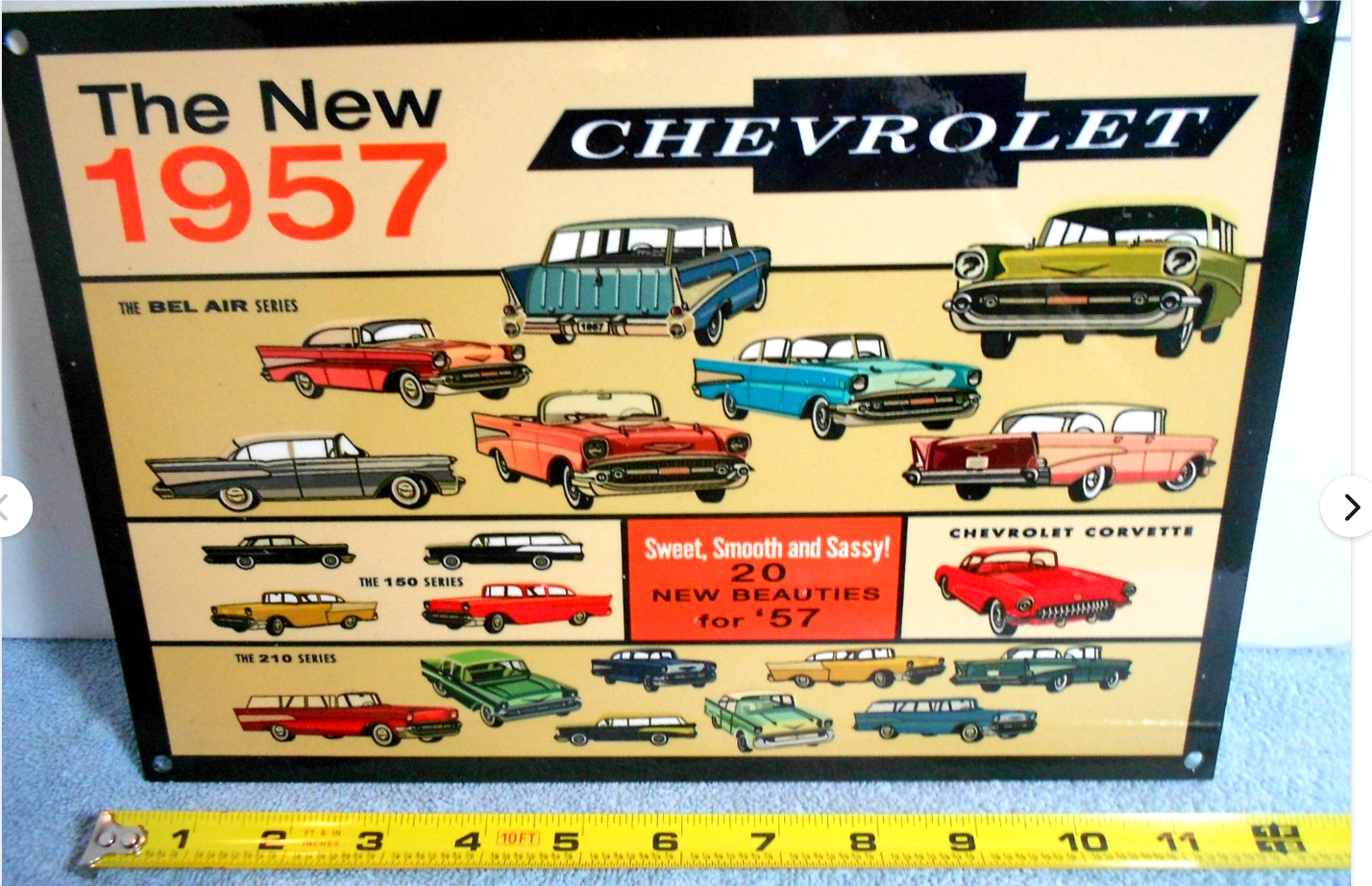 VINTAGE CHEVROLET “NEW BEAUTIFUL 1957 CHEVY’S 12” GAS OIL ADVERTISING SIGN METAL
