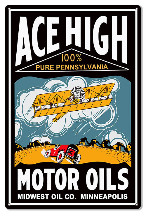 ACE HIGH MOTOR OIL CAR PLANE 24″ HEAVY DUTY USA MADE METAL GAS STATION ADV SIGN