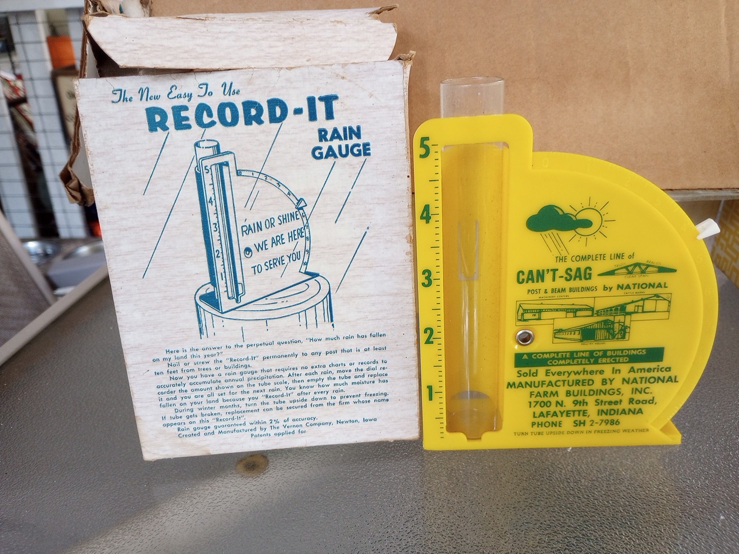 Record-it Ad. Rain Gauge’Cant Sag National Farm Buildings’ Lafayette, Indiana