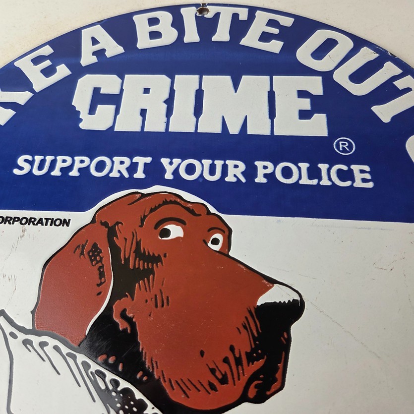 Vintage McGruff Crime Dog Sign – Porcelain Support Police Gas Pump Plate Sign