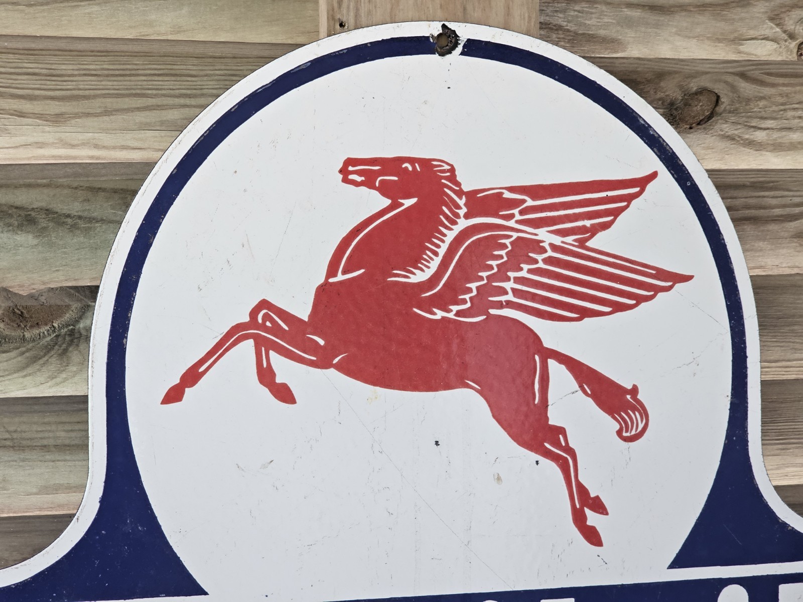 GIANT VINTAGE MOBILOIL PEGASUS PORCELAIN GAS STATION SIGN 24″X 22″