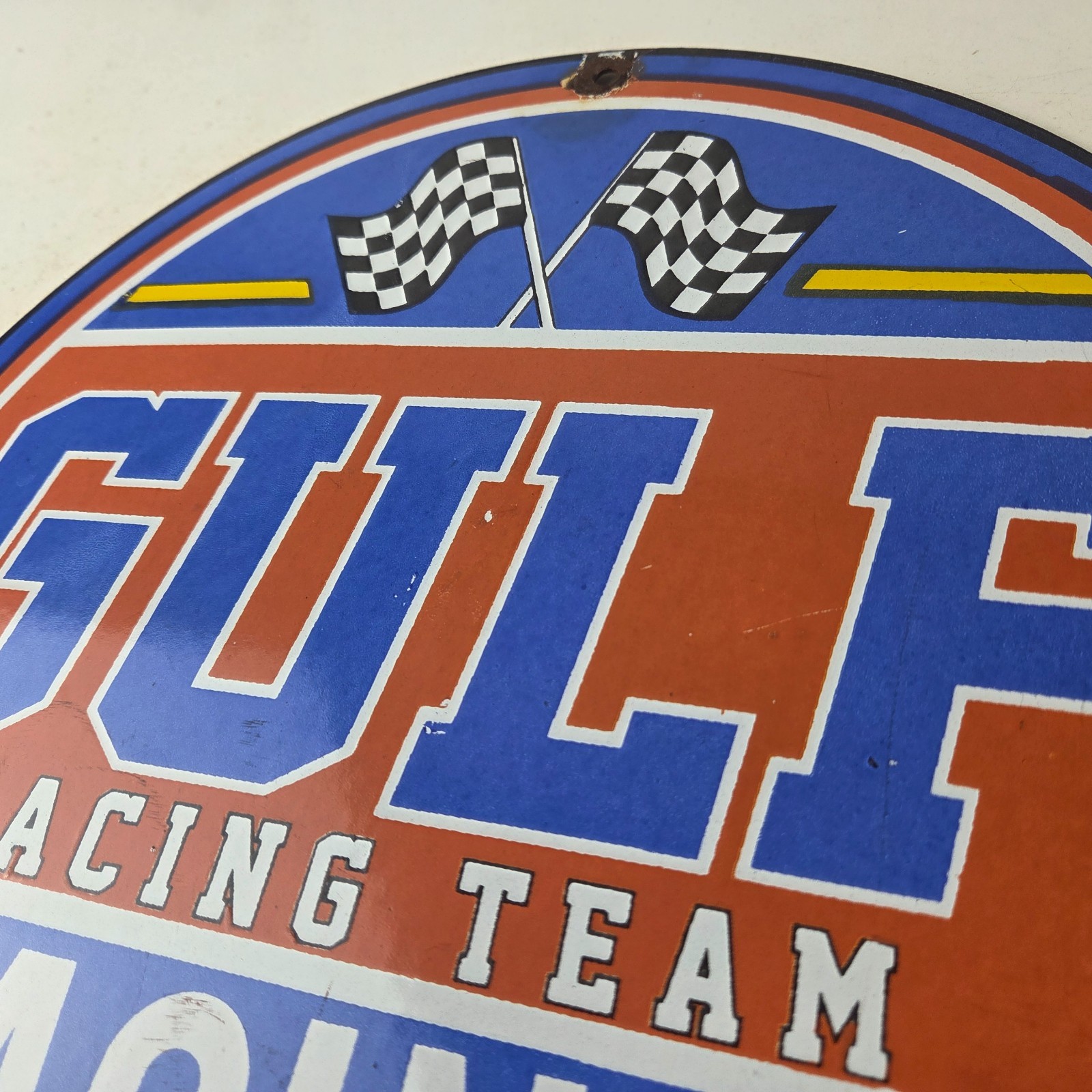 Vintage Gulf Gasoline Sign – Racing Automobile Porcelain Gas Pump Sign