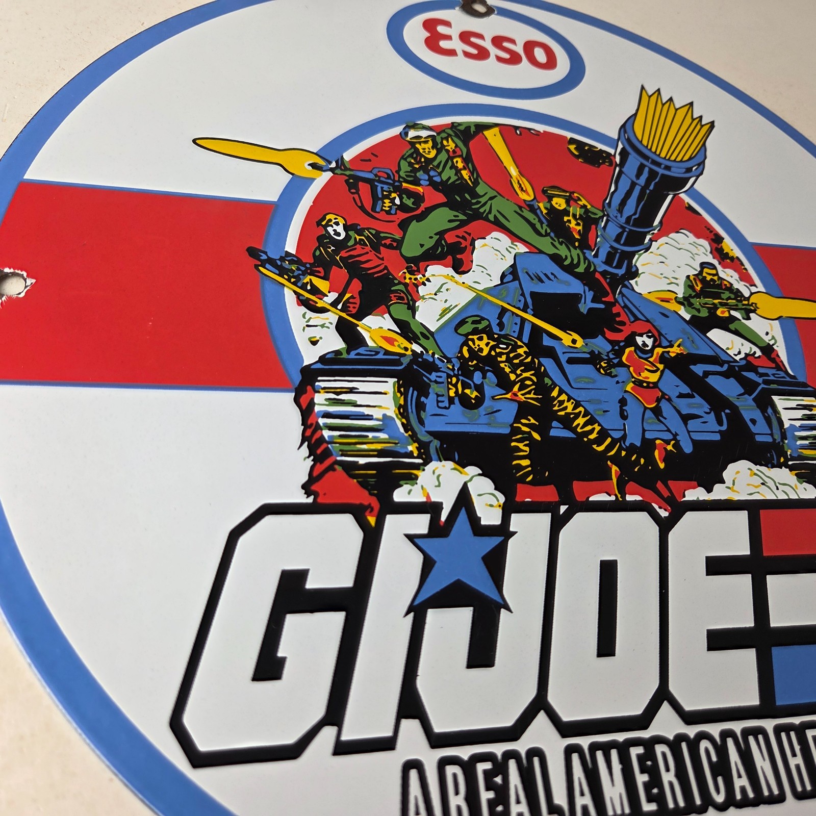 Vintage Esso G.I. Joe Tank Porcelain Sign – Real American Hero Gas Sign