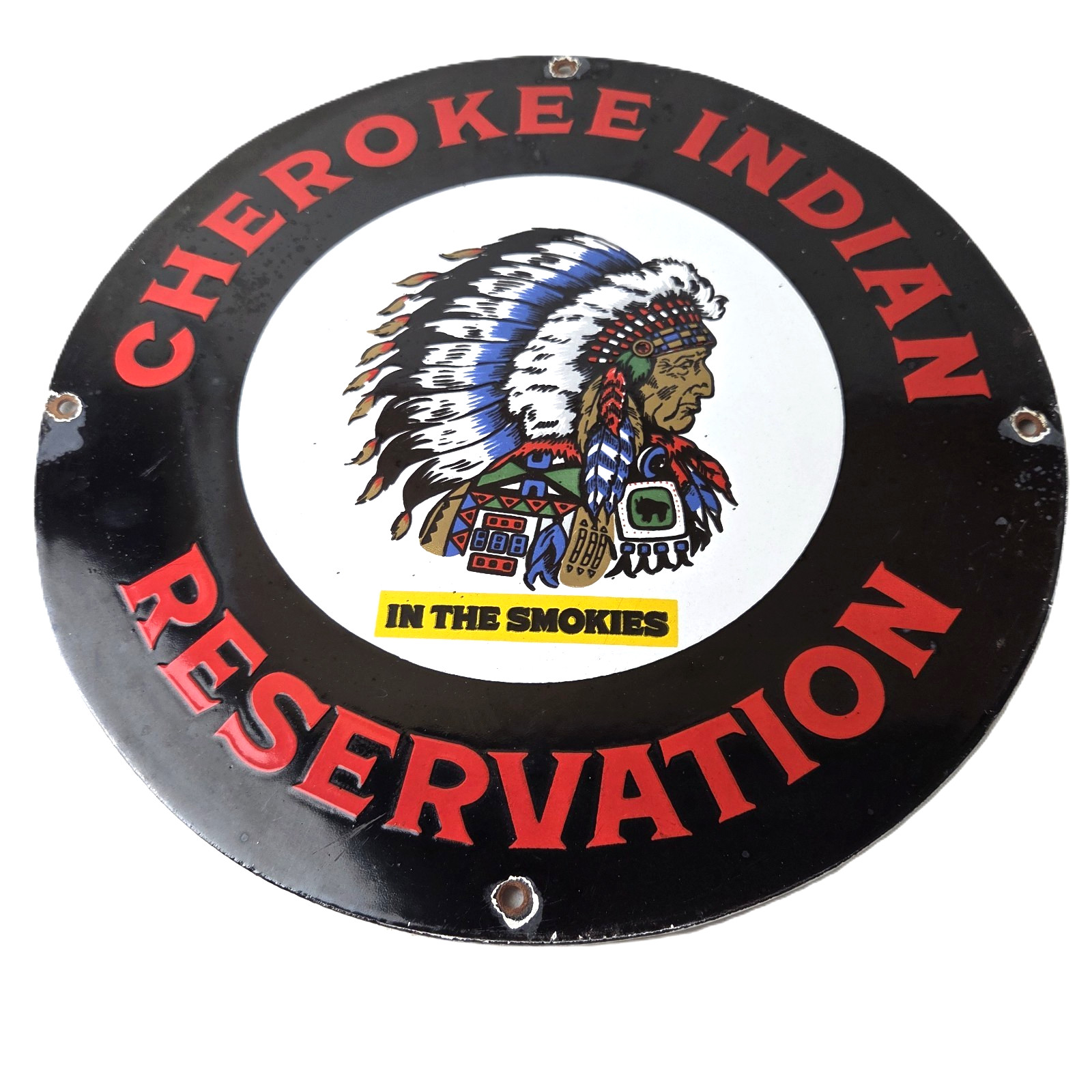 Vintage Cherokee Indian Reservation Sign – Smokies Native Porcelain Gas Sign